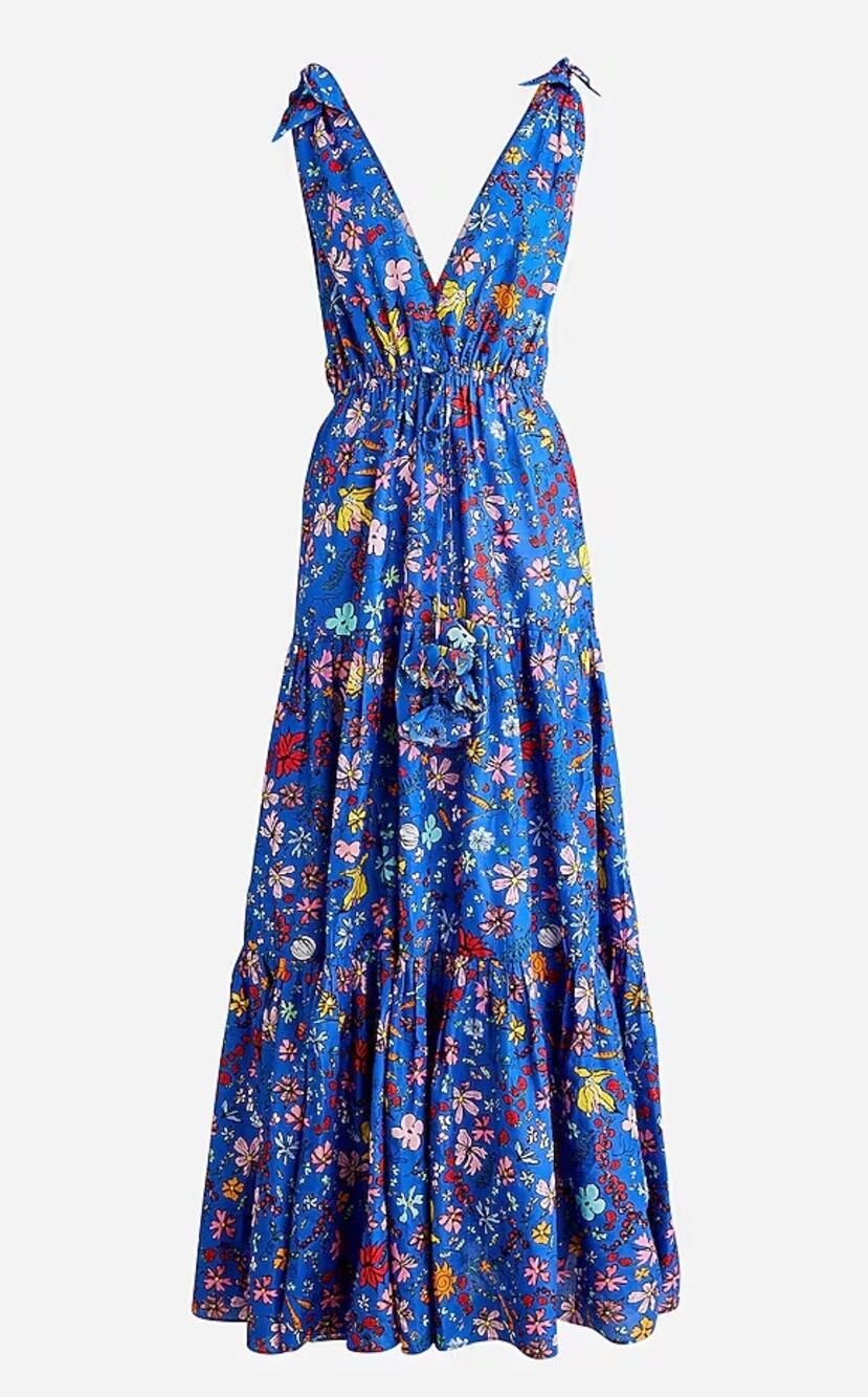 J.Crew x Dauphinette Dress Women's 2X Tie Shoulder Maxi Cover-Up Blue Floral NEW